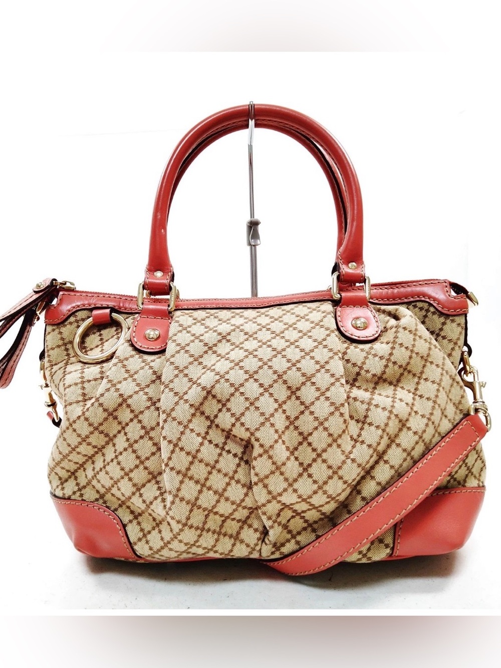 GUCCI Beige/Rust Diamante Canvas Sukey Top Handle Crossbody Bag